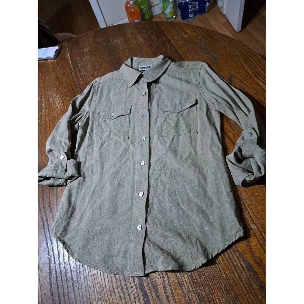 Small Size 4 Chicos Designs Size 0 Brown Silk Tropical Leaf Pattern Blouse Shirt